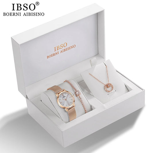 IBSO Women Quartz Watch Set Rose Gold Crystal Design Bracelet Necklace Watch Sets Female Jewelry Set Watch Lady&#39;s Wife Mom  Gift - Executive-Skincare