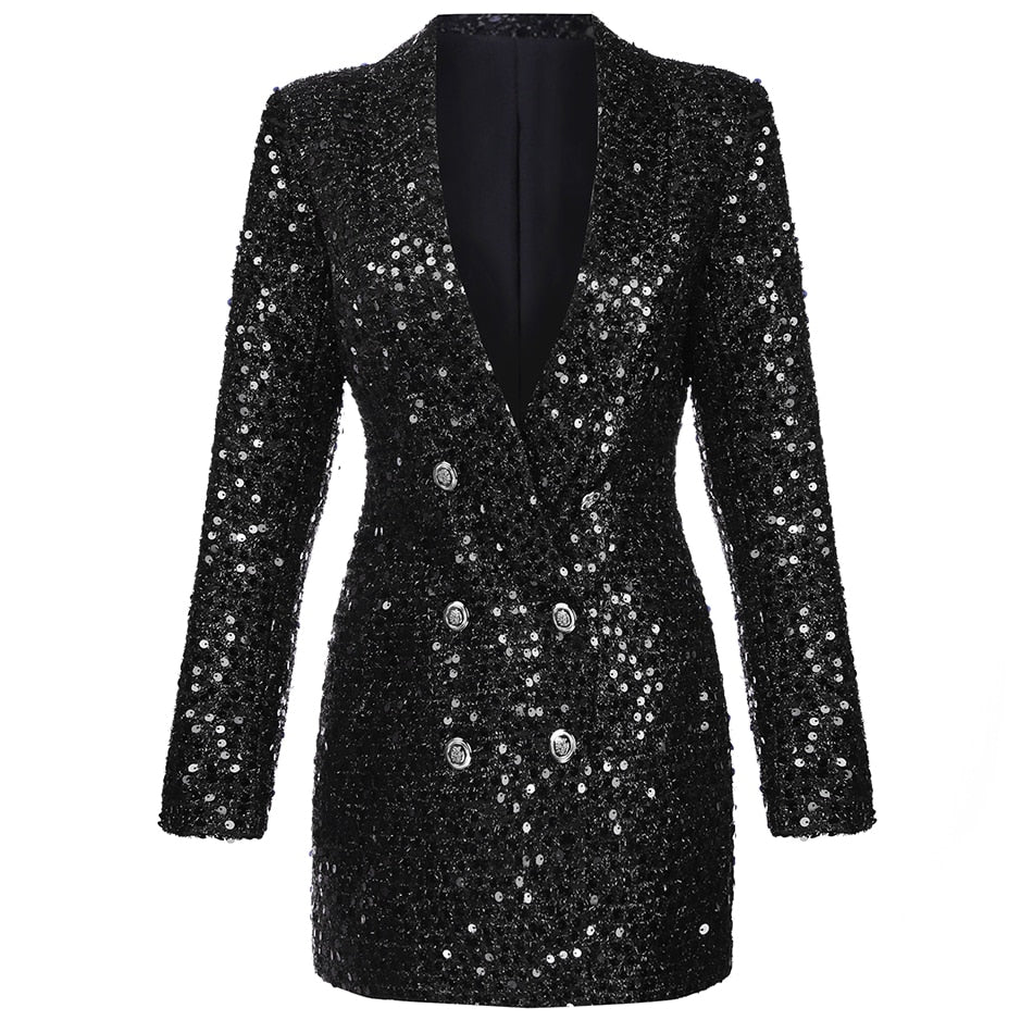 High Quality Fashion 2021 Designer Blazer Women Double Lion Buttons Shawl Collar Glitter Sequined Long Runway Black Blazers - Executive-Skincare