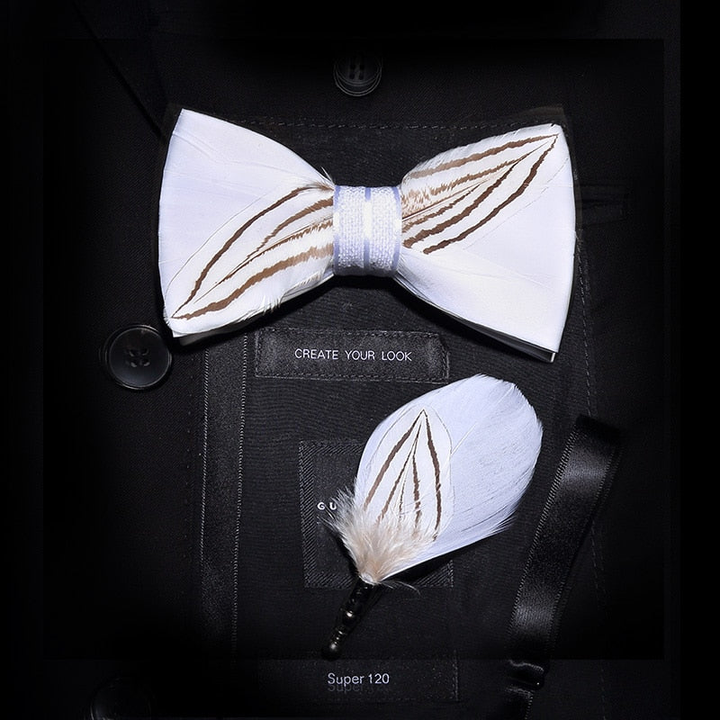 KAMBERFT Brand Men Bow-tie Brooch Set Feather Style Leather Bow Tie Adjustable Formal Tie Bowtie Wedding Party Best Gift - Executive-Skincare