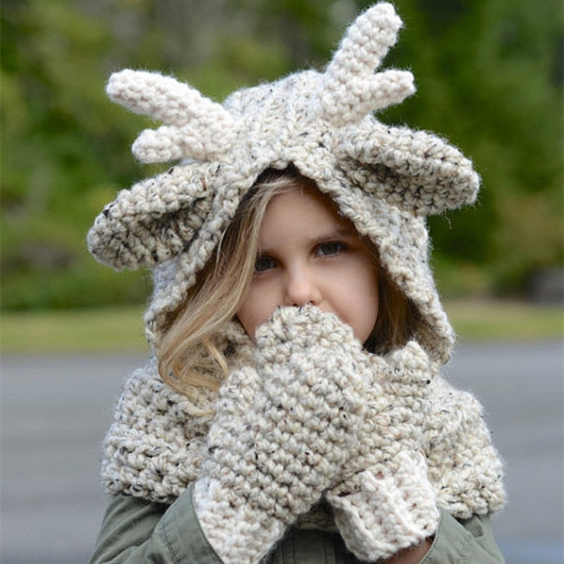 Christmas Reindeer Crochet   winter cute antlers scarf hat three setsat Scarf Gloves Girls Christma of Plus thickened female - Executive-Skincare