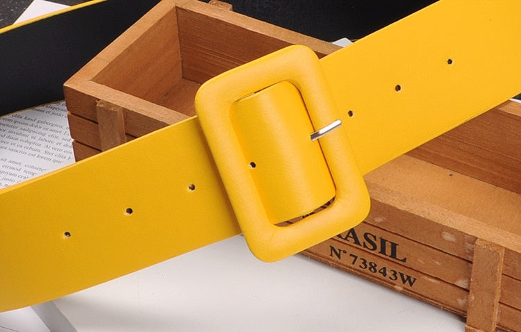 2019 New Fashion Accessories Casual Female Belt Solid Plastic Head Smooth Buckle Belt Stylish Candy Color PU Leather Belt Yellow - Executive-Skincare