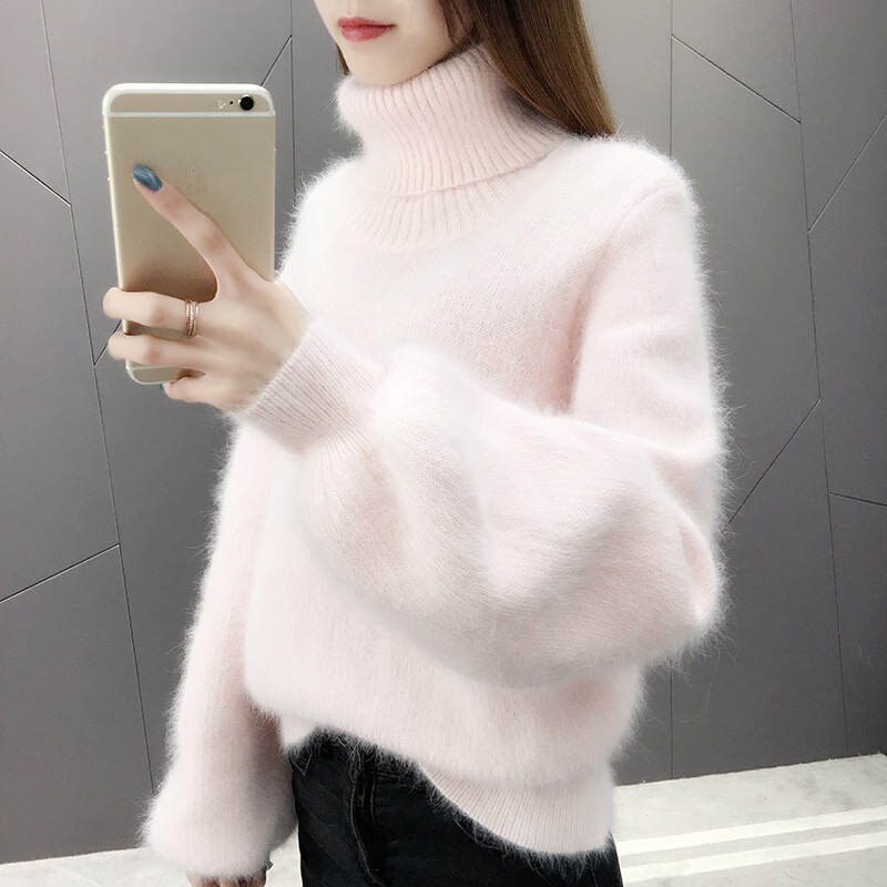 Autumn Winter Lantern Sleeve Faux Mink Cashmere Pullover Knitted Sweater Women Warm Plush Women Sweater Thicken Pullovers C5718 - Executive-Skincare