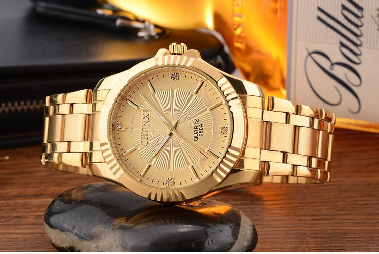 CHENXI Brand Classic Delicate Rhinestone Couple Lover Watches Fashion Luxury Gold Stainless Steel Men&amp;Women Watch Orologi Coppia - Executive-Skincare