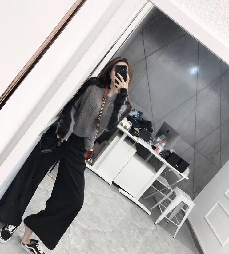 Cheerart Autumn 2018 Thin Sweater Women High Neck Patchwork Grey Knitted Sweater Pullover Transparent Pull Femme Fashion - Executive-Skincare