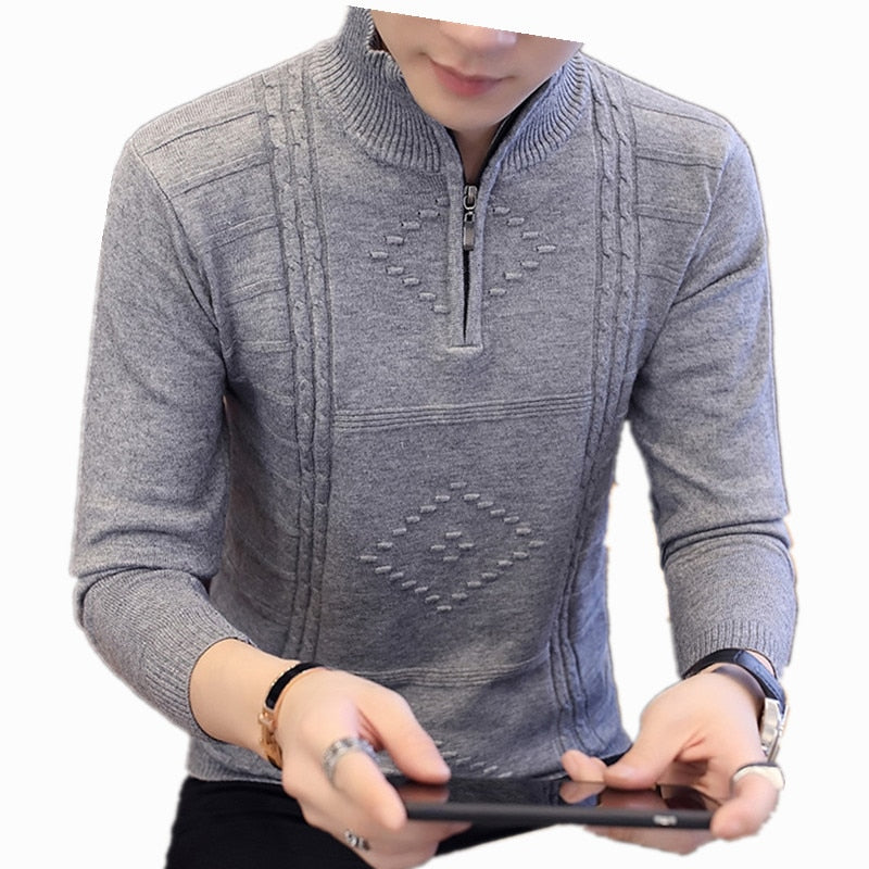 Turtleneck Mens Sweaters Pullovers Winter Stand Collar Zipper Slim Fit Thick Warm Casual Knitting Warm Knitwear Pullover - Executive-Skincare