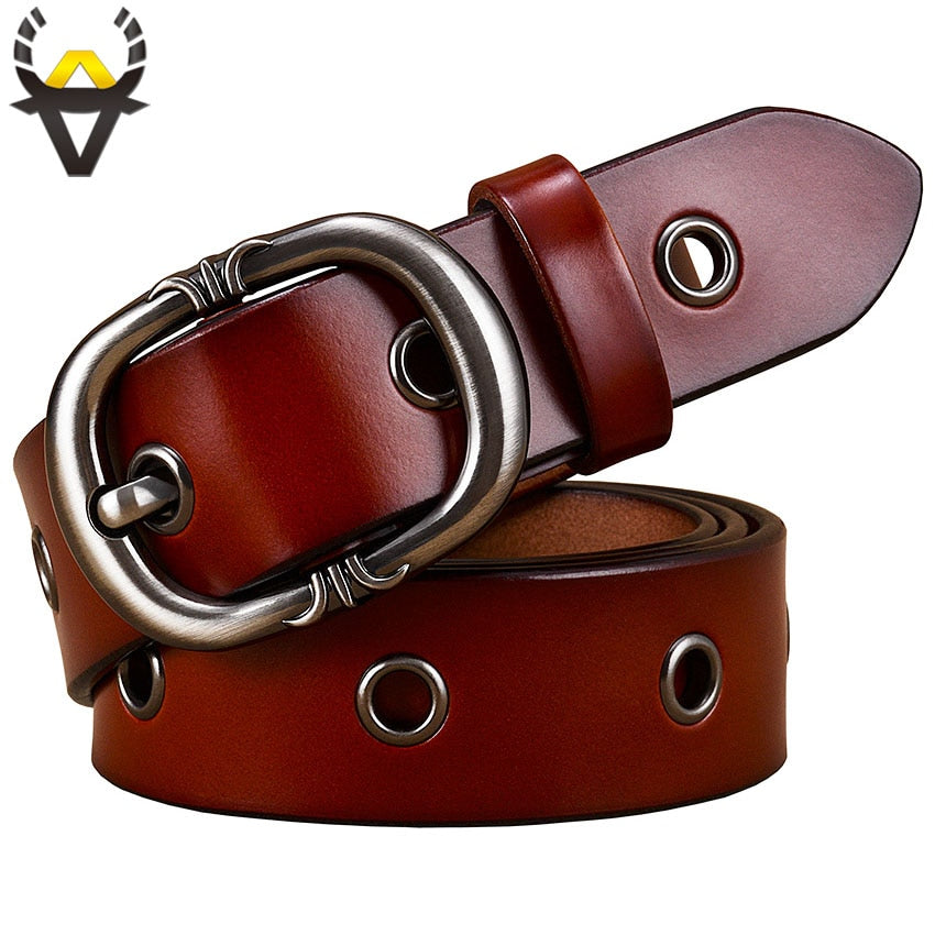 Fashion Metal hollow genuine leather belts for women Quality Pin buckle belt woman Cow skin waist strap for jeans Width 2.8 cm - Executive-Skincare