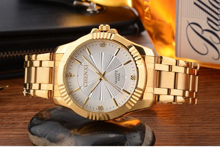 CHENXI Brand Classic Delicate Rhinestone Couple Lover Watches Fashion Luxury Gold Stainless Steel Men&amp;Women Watch Orologi Coppia - Executive-Skincare