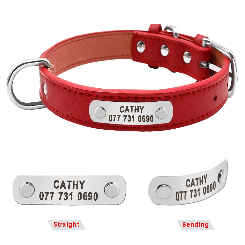 PU Leather Dog Collar Durable Padded Personalized Pet ID Collars Customized for Small Medium Large Dogs Cat Red Black Brown - Executive-Skincare