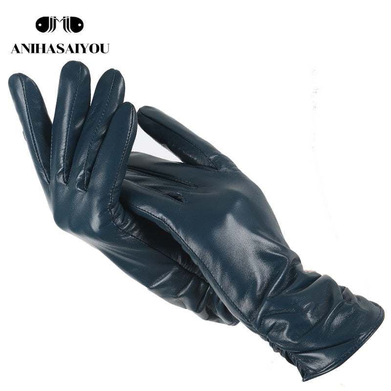 Classic pleated leather gloves women color real leather gloves women sheepskin Genuine Leather winter gloves women-2081 - Executive-Skincare