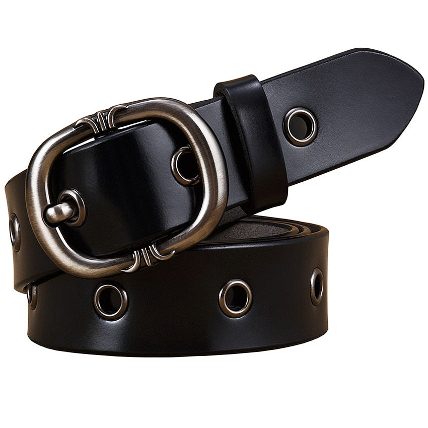 Fashion Metal hollow genuine leather belts for women Quality Pin buckle belt woman Cow skin waist strap for jeans Width 2.8 cm - Executive-Skincare