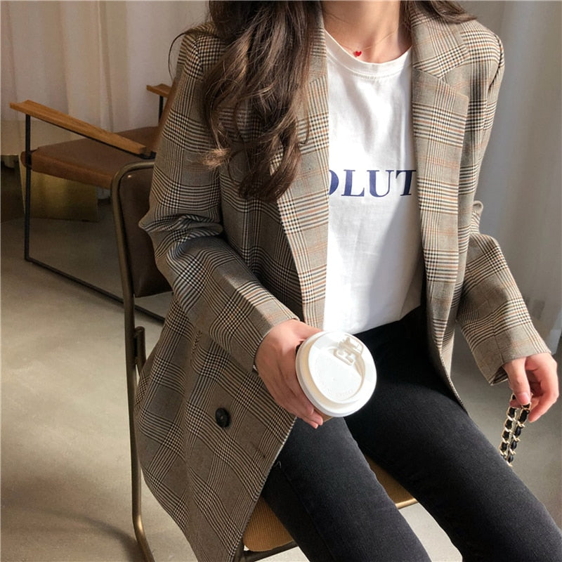 Office Ladies Notched Collar Plaid Women Blazer Double Breasted Autumn Jacket 2021 Casual Pockets Female Suits Coat - Executive-Skincare