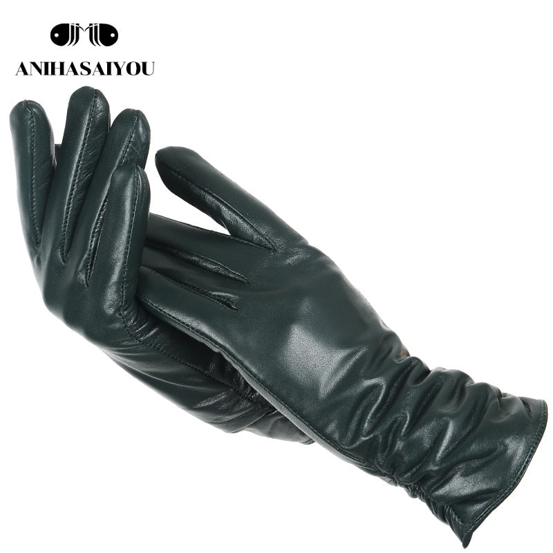 Classic pleated leather gloves women color real leather gloves women sheepskin Genuine Leather winter gloves women-2081 - Executive-Skincare