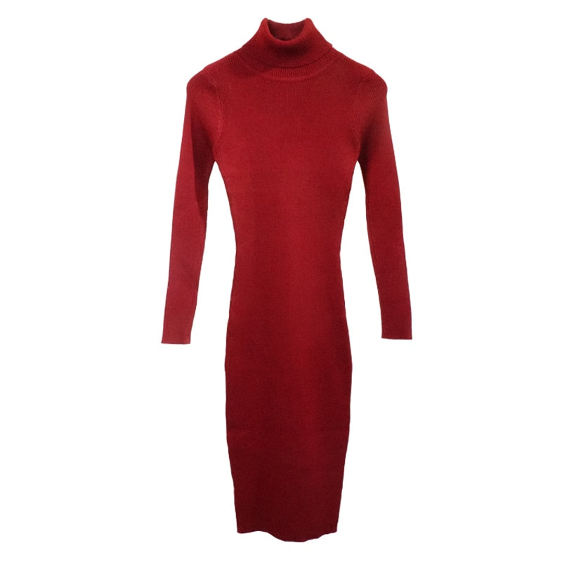 New Autumn Winter Women Knitted Dress Turtleneck Sweater Dresses Lady Slim Bodycon Long Sleeve Bottoming Dress Vestidos PP003 - Executive-Skincare