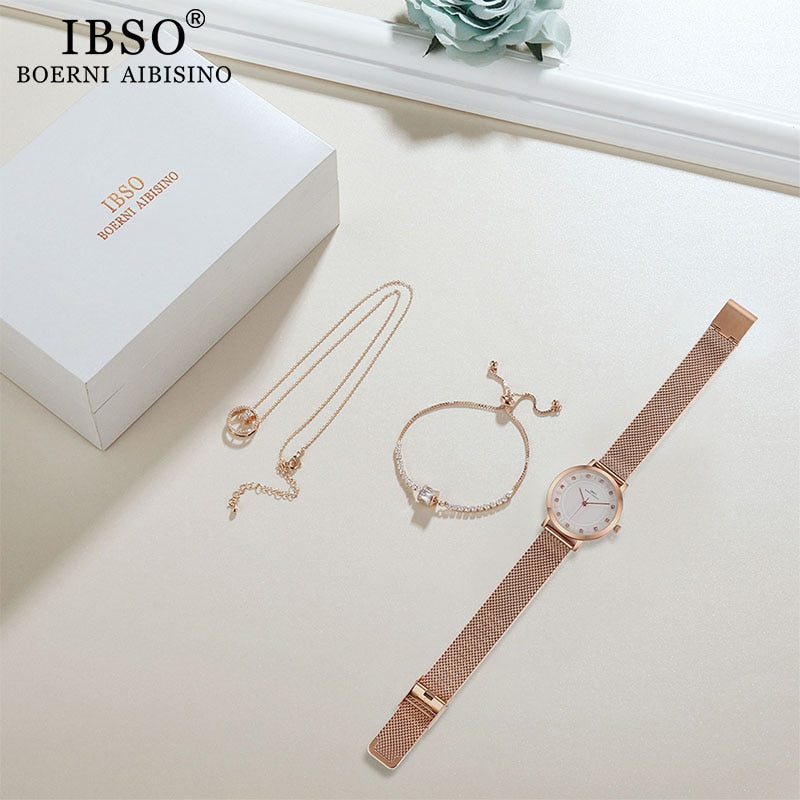 IBSO Women Quartz Watch Set Rose Gold Crystal Design Bracelet Necklace Watch Sets Female Jewelry Set Watch Lady&#39;s Wife Mom  Gift - Executive-Skincare