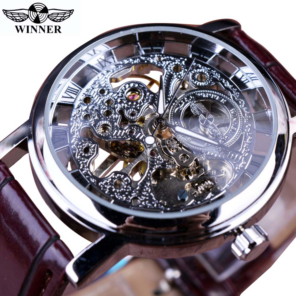 Winner Transparent Golden Case Luxury Casual Design Brown Leather Strap Mens Watches Top Brand Luxury Mechanical Skeleton Watch - Executive-Skincare