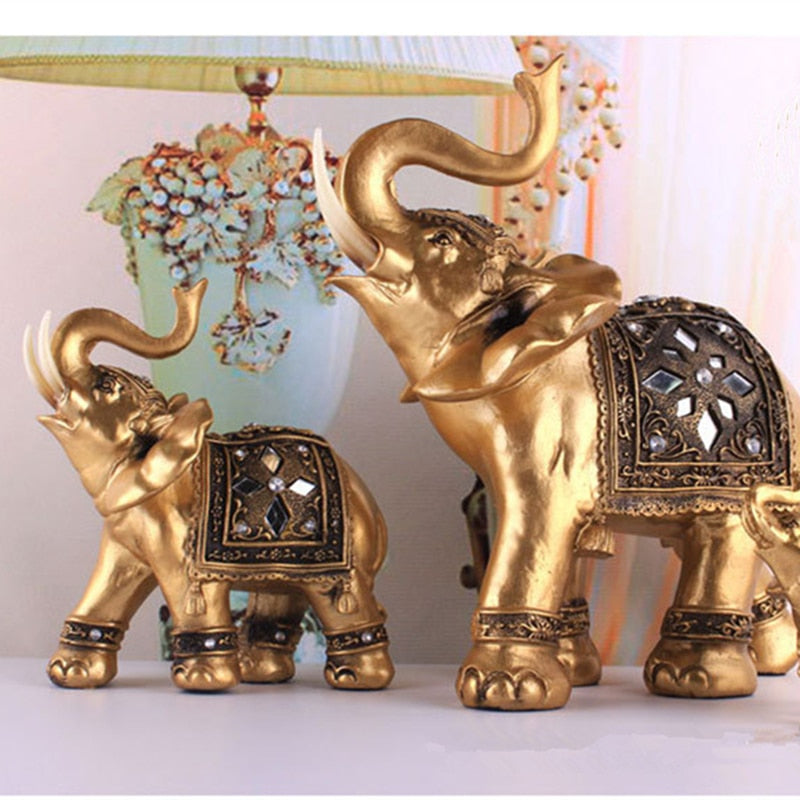 Golden Resin Elephant Statue Feng Shui Elegant Elephant Trunk Sculpture Lucky Wealth Figurine Crafts Ornaments For Home Decor - Executive-Skincare