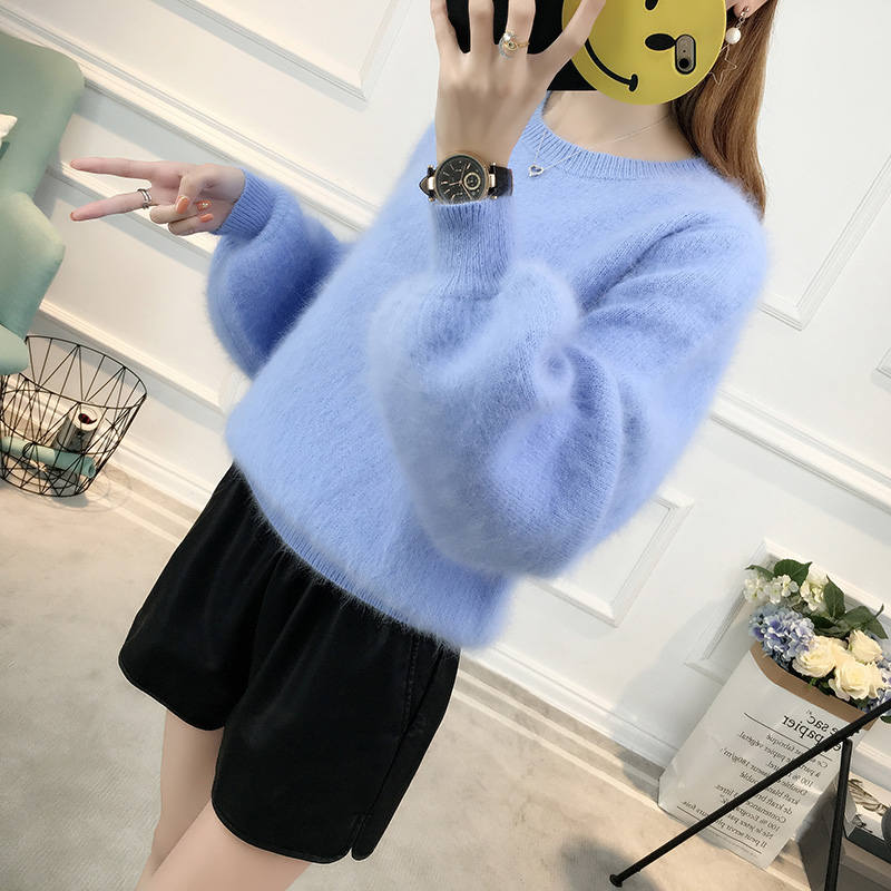 Autumn Winter Lantern Sleeve Faux Mink Cashmere Pullover Knitted Sweater Women Warm Plush Women Sweater Thicken Pullovers C5718 - Executive-Skincare