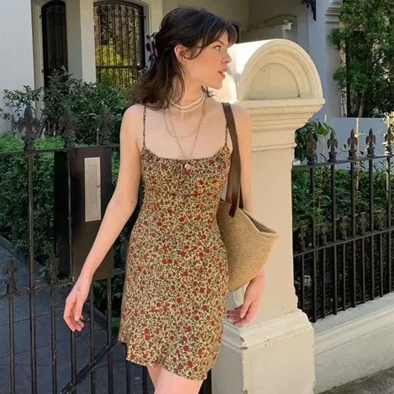 Foridol Strap Sleeveless Print Boho Summer Dress Long Women Green Floral Yellow Dresses Sundress Vintage French Style Dress - Executive-Skincare