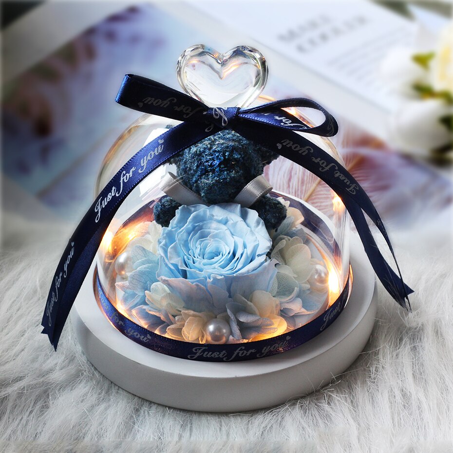 The Beautiful and the Beast Teddy Bear Rose Decor Natural Dried Flowers In Glass Dome LED Mother&#39;s Valentine&#39;s Day Wedding Gift - Executive-Skincare