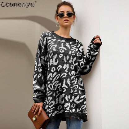 2019 Autumn winter clothing ladies long sweater fashion womens loose pullovers and sweaters leopard print knitted sweater - Executive-Skincare