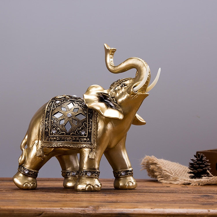 Golden Resin Elephant Statue Feng Shui Elegant Elephant Trunk Sculpture Lucky Wealth Figurine Crafts Ornaments For Home Decor - Executive-Skincare