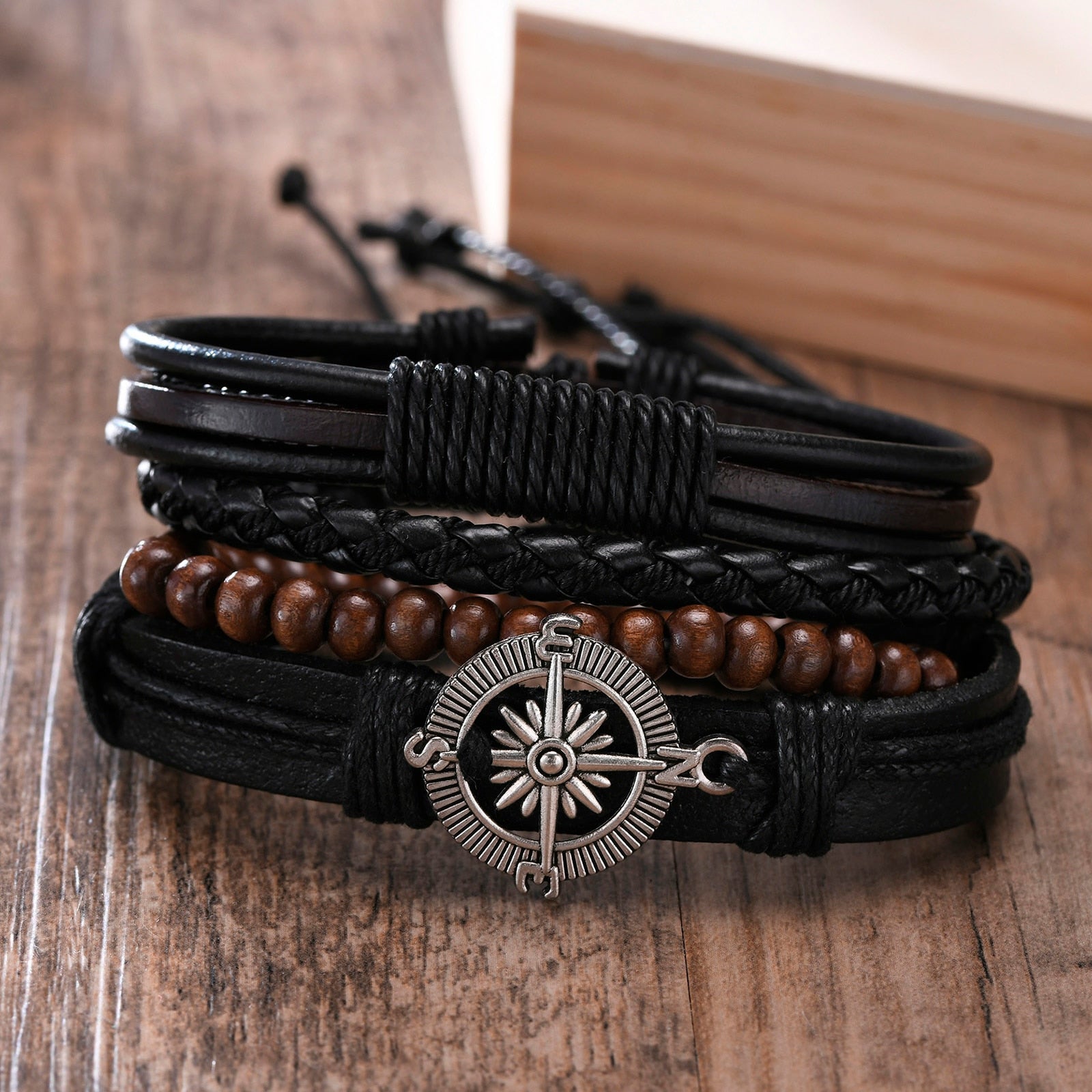 Vnox 4Pcs/ Set Braided Wrap Leather Bracelets for Men Vintage Life Tree Rudder Charm Wood Beads Ethnic Tribal Wristbands - Executive-Skincare