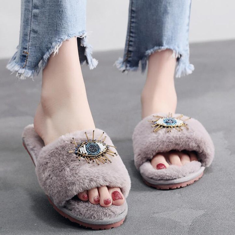 Big Eyes Decoration Fur Slippers Women Flats Winter Home Cotton Slippers Femme Rhinestone Eye Plush Flip Flops Women Shoes s655 - Executive-Skincare