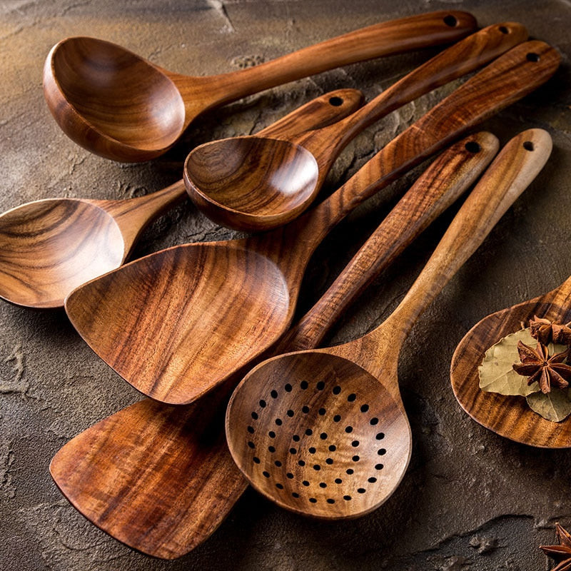 7pcs/set Teak Natural Wood Tableware Spoon Ladle Turner Rice Colander Soup Skimmer Cooking Spoon Scoop Kitchen Reusable Tool Kit - Executive-Skincare