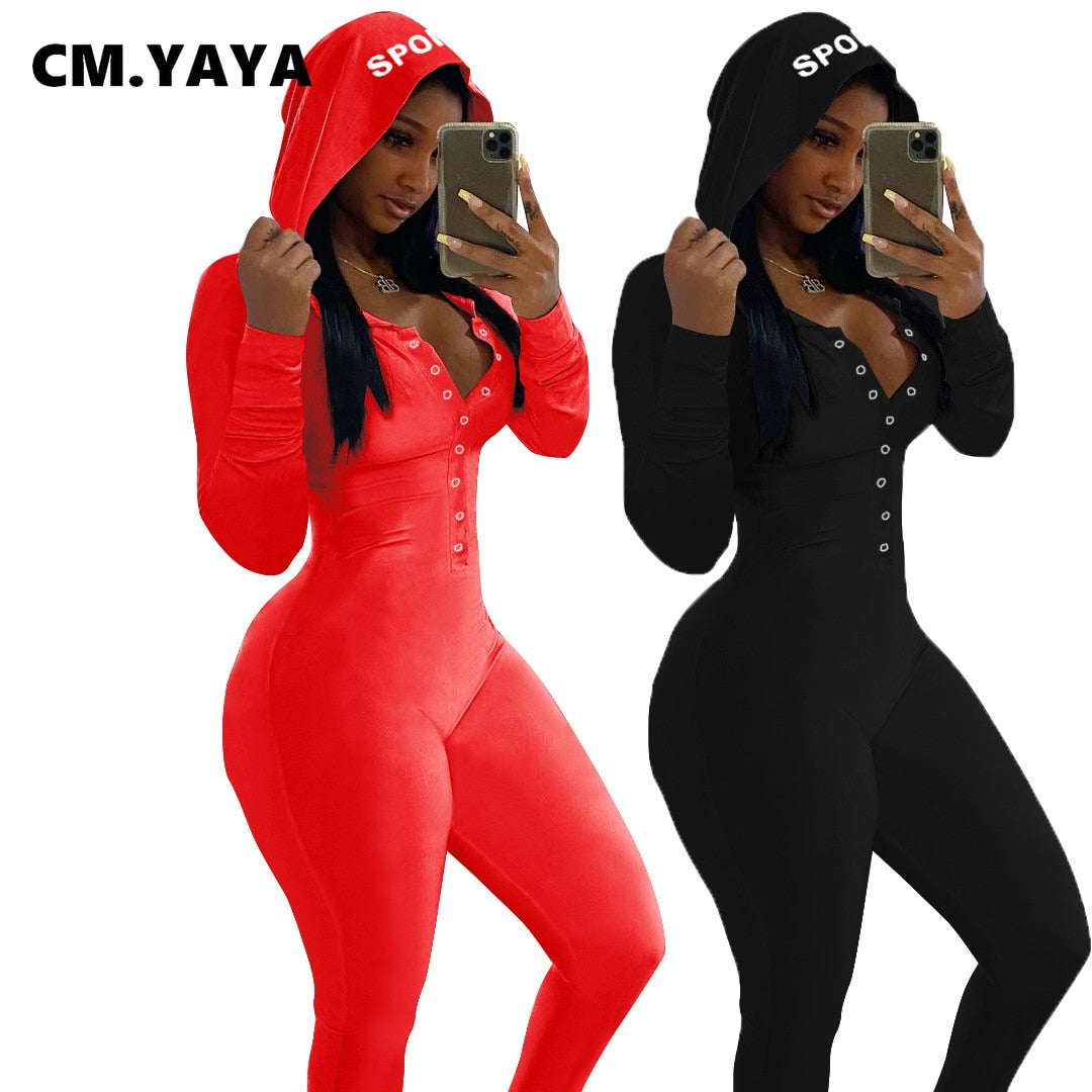 CM.YAYA Hooded Letter Print Button Solid Jumpsuits for Women Winter Leisure Wear Full Sleeve Sheath Skinny Elastic Jumpsuit Warm - Executive Quality Store