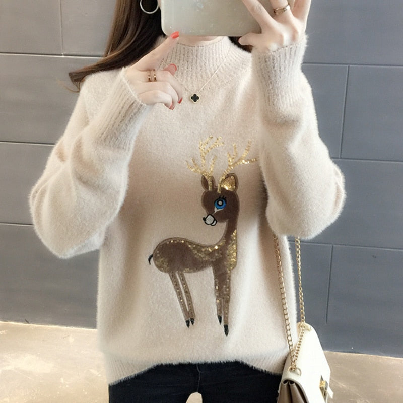 Cute Sweater Korean Reindeer Ugly Christmas Sweater Women Winter Warm Sweaters Fluffy Cashmere Jumper Turtleneck Pullover 2022 - Executive-Skincare