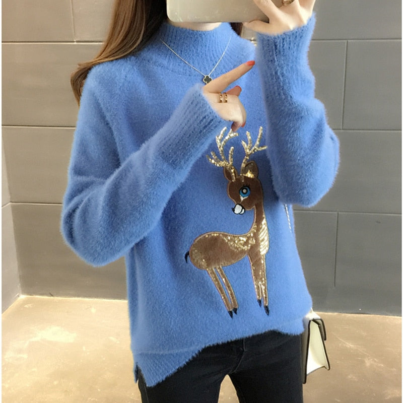 Cute Sweater Korean Reindeer Ugly Christmas Sweater Women Winter Warm Sweaters Fluffy Cashmere Jumper Turtleneck Pullover 2022 - Executive-Skincare