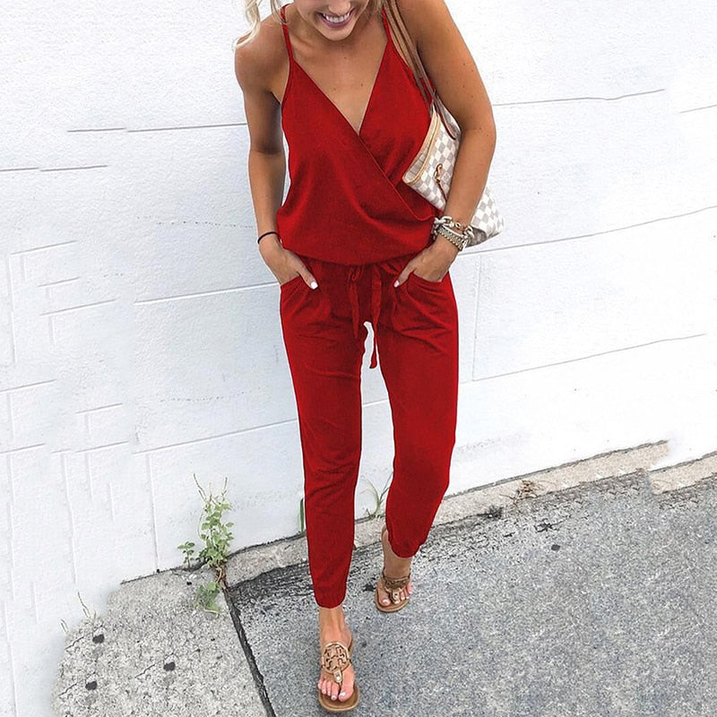 2022 Summer Women Holiday Casual Sleeveless Jumpsuits Fashion Ladies Solid Color Bodysuit Wide Leg Loose Long Pants Trousers - Executive Quality Store