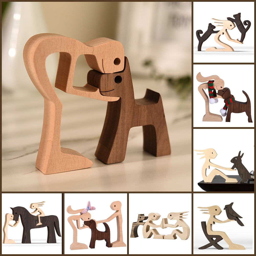 Family Puppy Wood Dog Craft Figurine Desktop Table Ornament Carving Model Home Office Decoration Pet Sculpture Christmas Gift - Executive-Skincare