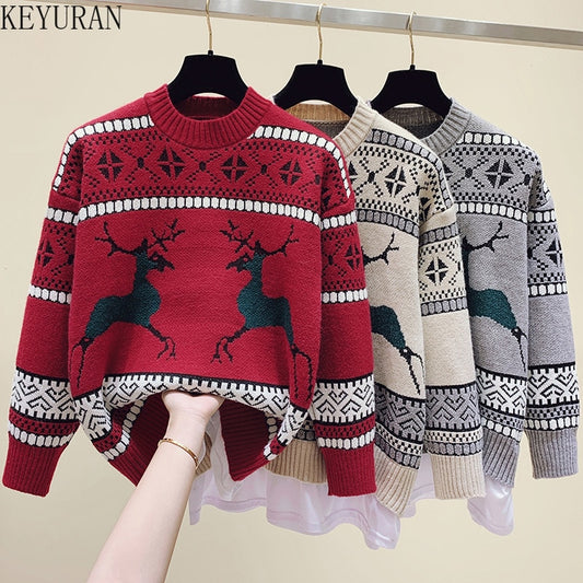 Vintage Jacquard Christmas Sweater Women Pullover Autumn O Neck Long Sleeve Loose Reindeer Print Knitted Jumpers Female Tops - Executive-Skincare