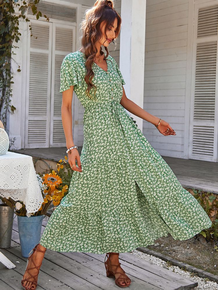 Ladies Vintage Long Floral Print Summer Dress Women Loose Casual Button Bohemian Beach Dress Women Sundress Robe Vestidos Female - Executive-Skincare