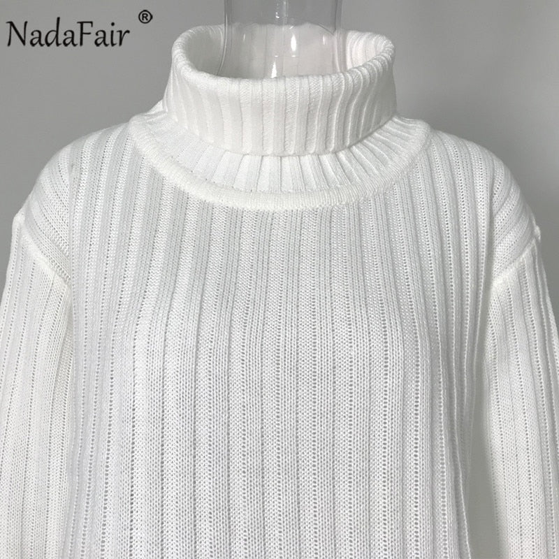 Nadafair White Sweater Dresses 2020 Christmas Solid Long Sleeve Mini Casual Loose Turtleneck Knitted Winter Dress Women Vestidos - Executive-Skincare