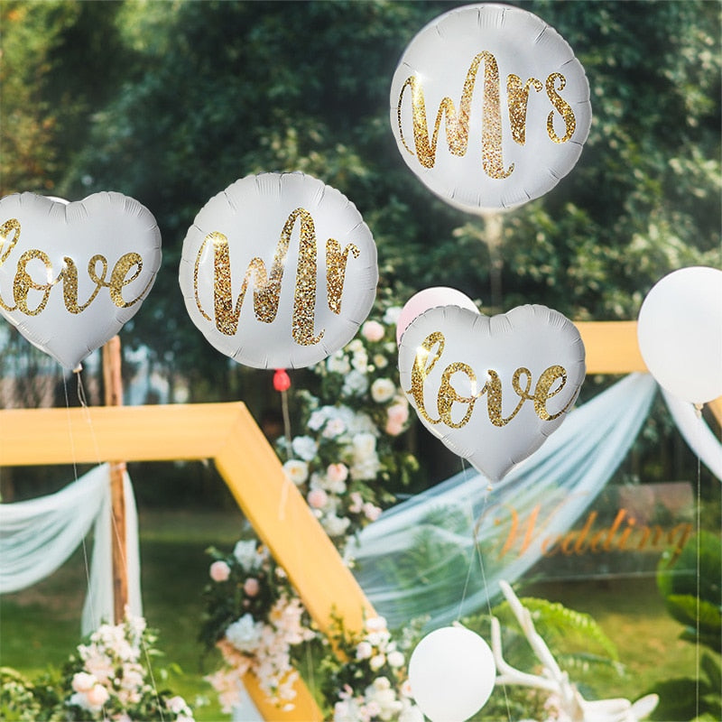 18inch Round White Gold Glitter Print Mr & Mrs LOVE foil Balloons bride to be marriage Wedding Decor Valentine Day Supplies - Executive-Skincare