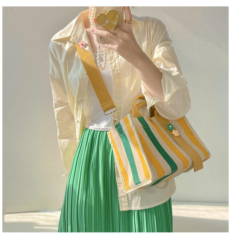 Rainbow Striped Shoulder Bag Canvas Small Tote Women Square Shape Shoulder Messenger Bags Casual Handbag Travel Mommy Handbags - Executive-Skincare