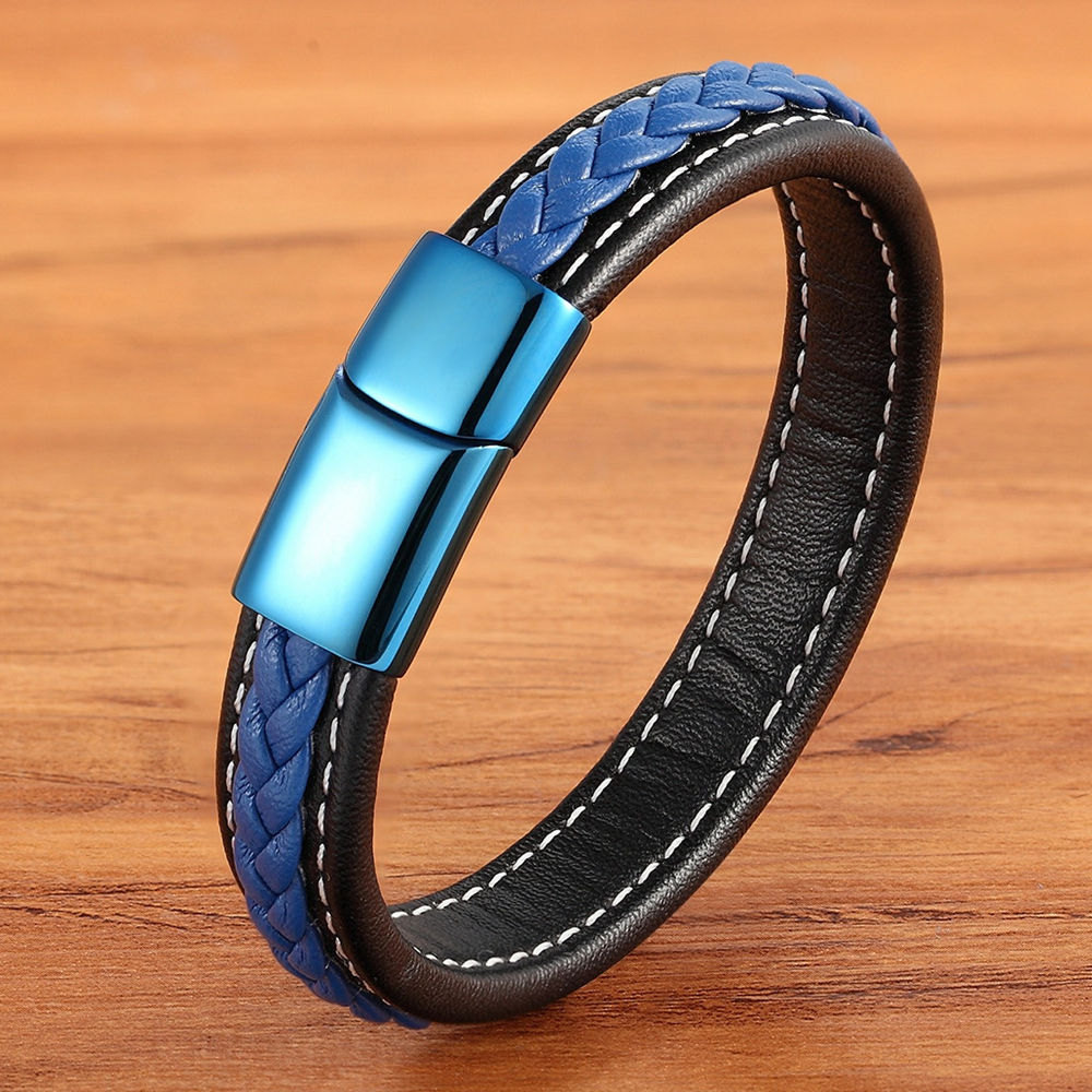 XQNI Classic Luxury Blue Color Leather Combination Stitching Blue Color Simple Buckle For Stainless Steel Leather Men's Bracelet - Executive-Skincare