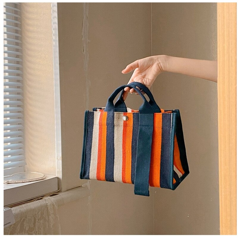 Rainbow Striped Shoulder Bag Canvas Small Tote Women Square Shape Shoulder Messenger Bags Casual Handbag Travel Mommy Handbags - Executive-Skincare