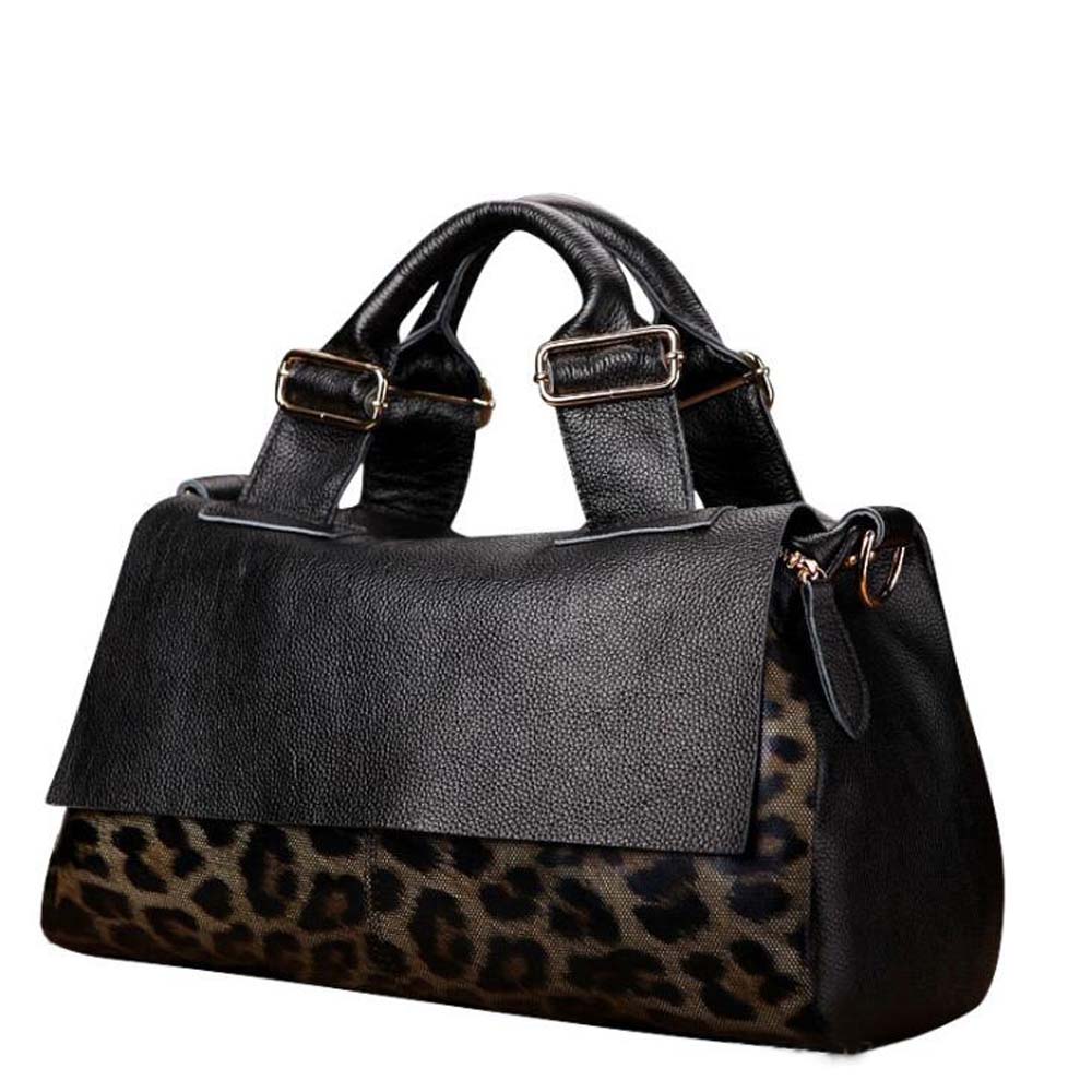 Fashion Genuine Leather Big Tote Handbags Leopard Pattern Soft Cowhide Travel Tote Ladies Long Strap Shoulder Weekend Bags - Executive-Skincare