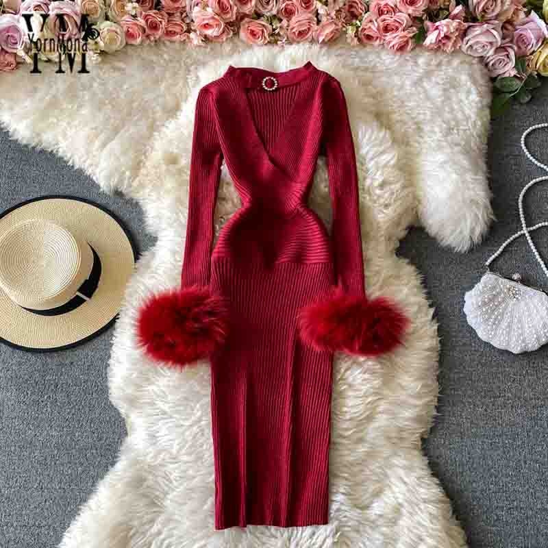 YornMona Autumn Winter Women Shining Knitted Sweater Dress Sexy Hollow Out V-neck Halter Bodycon Dress Red Christmas Party Dress - Executive-Skincare