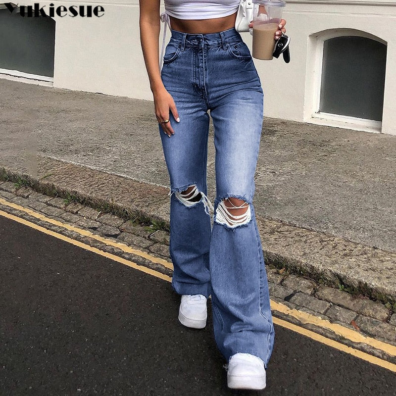 flare Pants Female Women&#39;s Jeans clothes Boyfriend Jeans Women Jeans Pants High Waist Mom Ripped Jeans 2021 Stright Trousers - Executive-Skincare