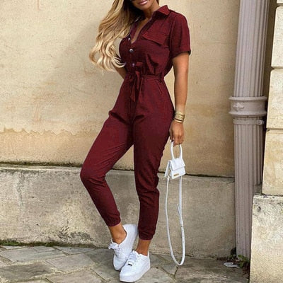 Fashion Women Jumpsuit Solid Color Summer Casual Lapel Printed Belt Work Overalls Ladies New Hot Selling Button Long Jumpsuit - Executive Quality Store