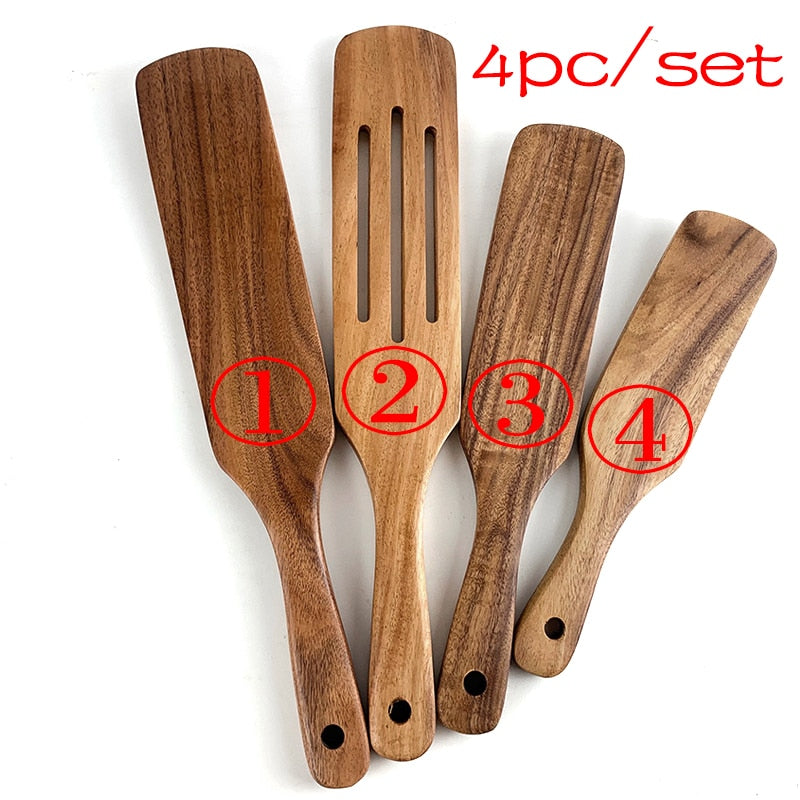 7pcs/set Teak Natural Wood Tableware Spoon Ladle Turner Rice Colander Soup Skimmer Cooking Spoon Scoop Kitchen Reusable Tool Kit - Executive-Skincare