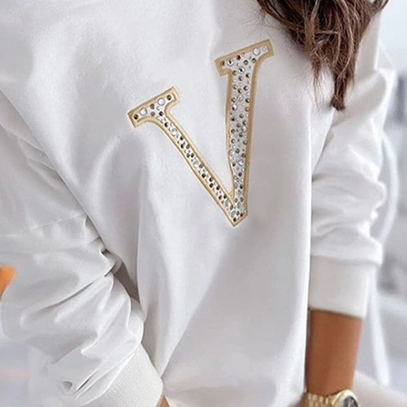 2022 Autumn Women Sexy White Round Neck Fashion T-shirts Daily Wear One Shoulder Rhinestone Letter Long Sleeve Casual Top - Executive-Skincare