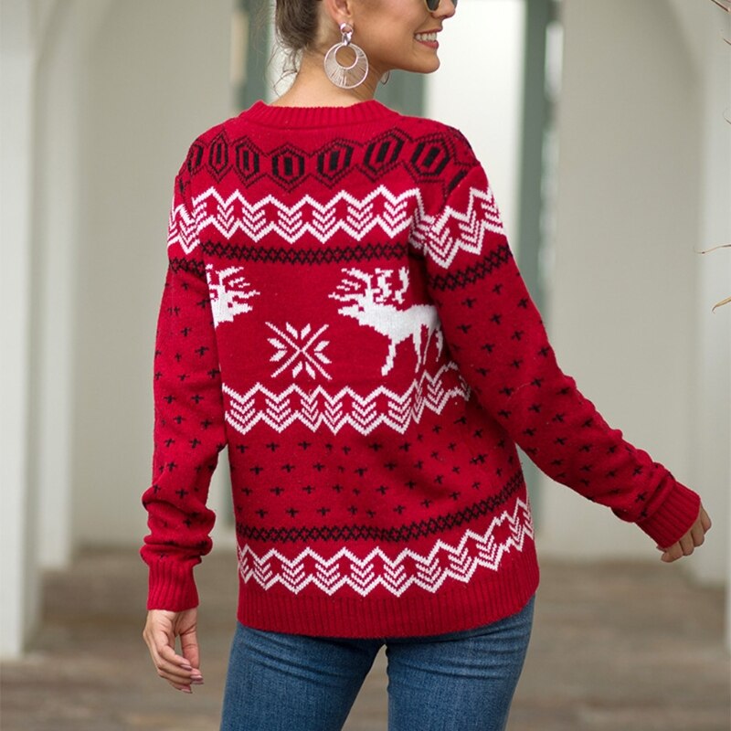 Christmas Printed Sweater Women Winter Long Sleeve O-Neck Sweater Reindeer Snowflake Jacquard Tops Knitted Loose Holiday Jumper - Executive-Skincare