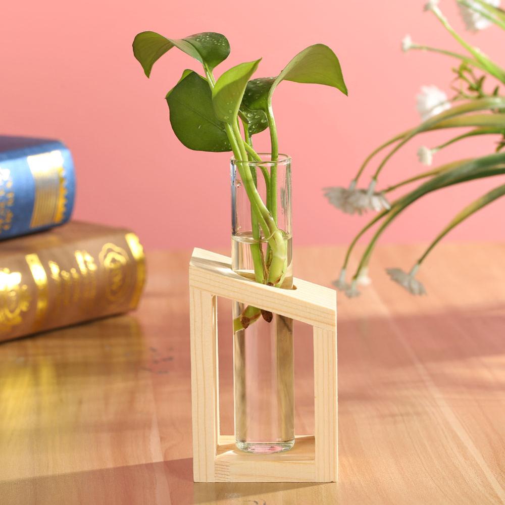 Glass and Wood Vase Planter Terrarium Table Desktop Hydroponics Plant Bonsai Flower Pot Hanging Pots with Wooden Tray Home Decor - Executive-Skincare