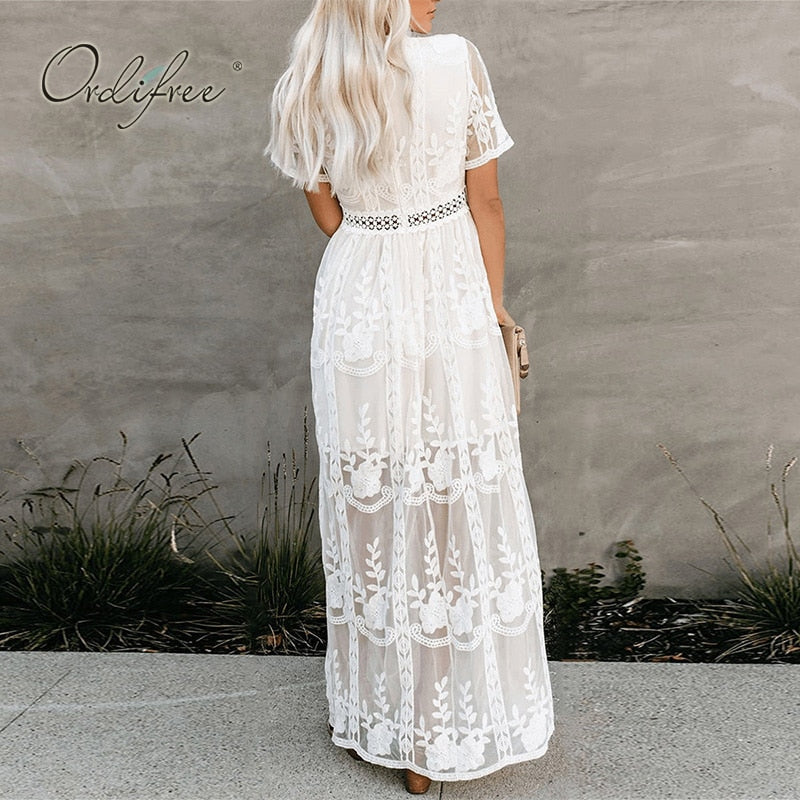 Ordifree 2022 Summer Boho Women Maxi Dress Loose Embroidery White Lace Long Tunic Beach Dress Vacation Holiday Clothes - Executive-Skincare