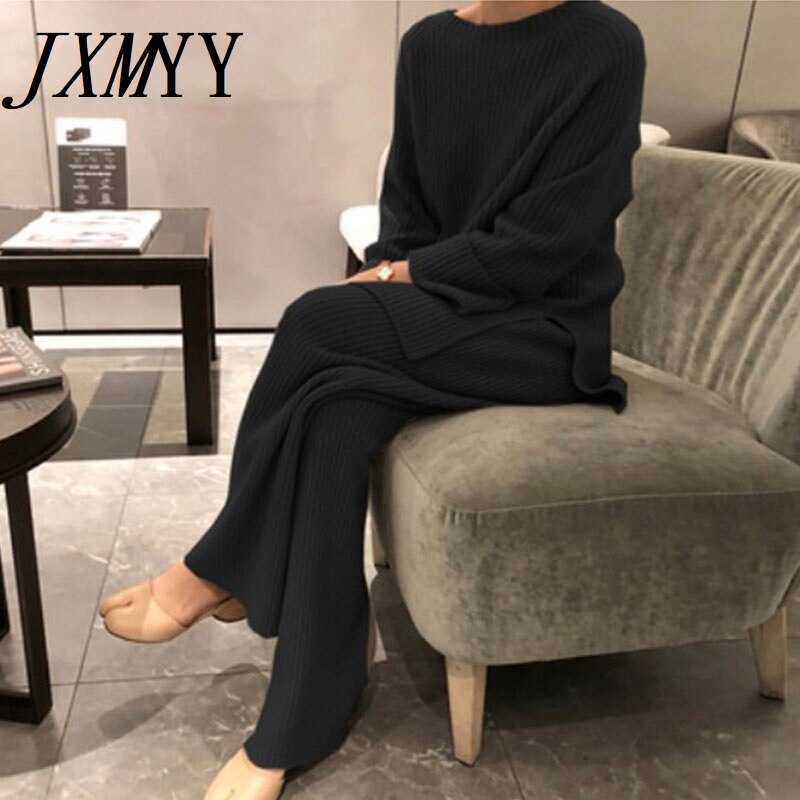 JXMYY 2022 New Fashion Winter Women&#39;s Thicken Warm Knitted Pullover Sweater Two-Piece Suits +High Waist Loose Wide Leg Pants Set - Executive-Skincare